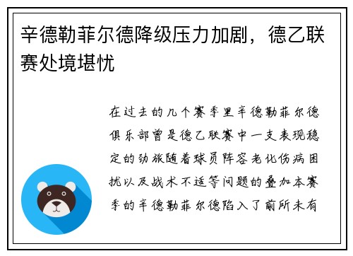 辛德勒菲尔德降级压力加剧，德乙联赛处境堪忧